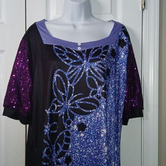 Butterflies purple black blue print shirt with sequin sleeves Sz 2X NWOT - Picture 3 of 9